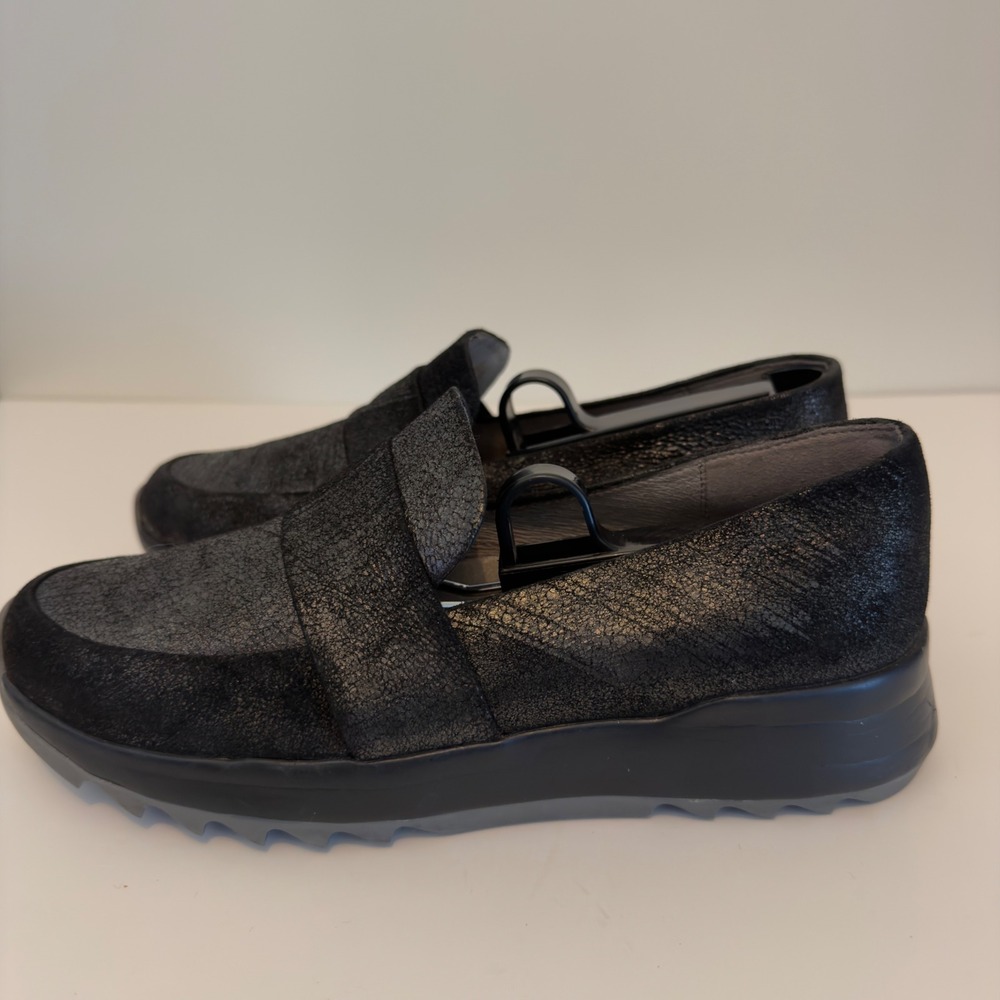 Eileen Fisher Womens Black Crackled Metallic Leather Platform Slip On Loafers - Picture 3 of 6